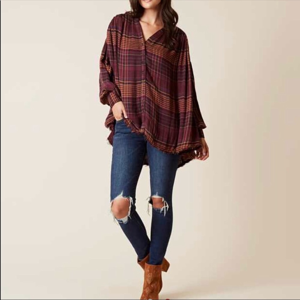 •Free People• ‘Come On Over’ Wine Plaid Top NWT L